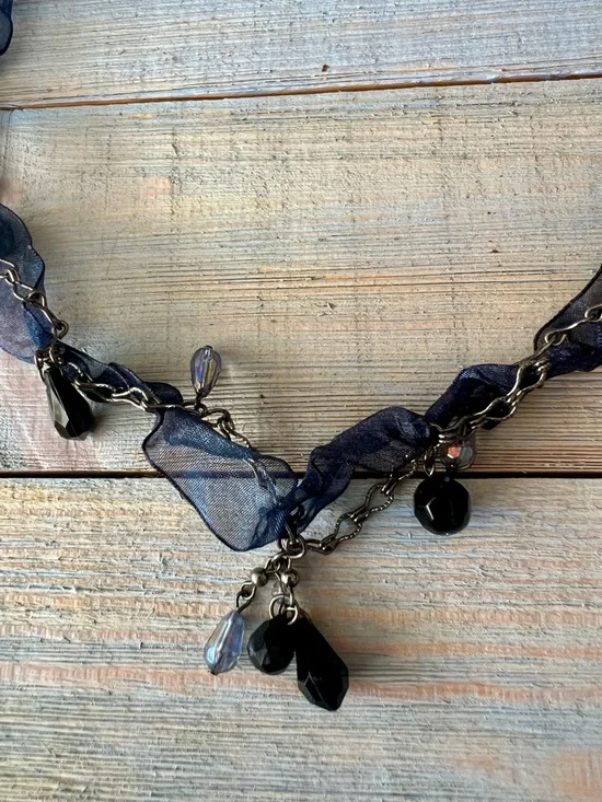 Cookie Lee Navy Ribbon Gunmetal Chain Crystal Dangle Beaded Necklace - Picture 2 of 12